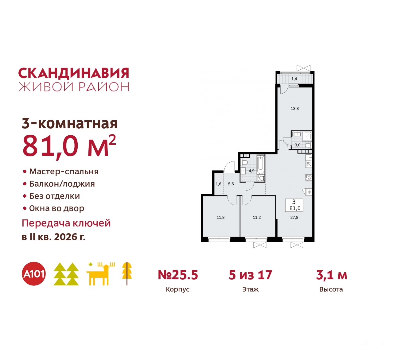 Продаю 3-комнатную квартиру ID 10083850, Сосенское Скандинавский бульвар,  25.5, площадь 81 м2, стоимость 19 151 559 рублей | Akula.com