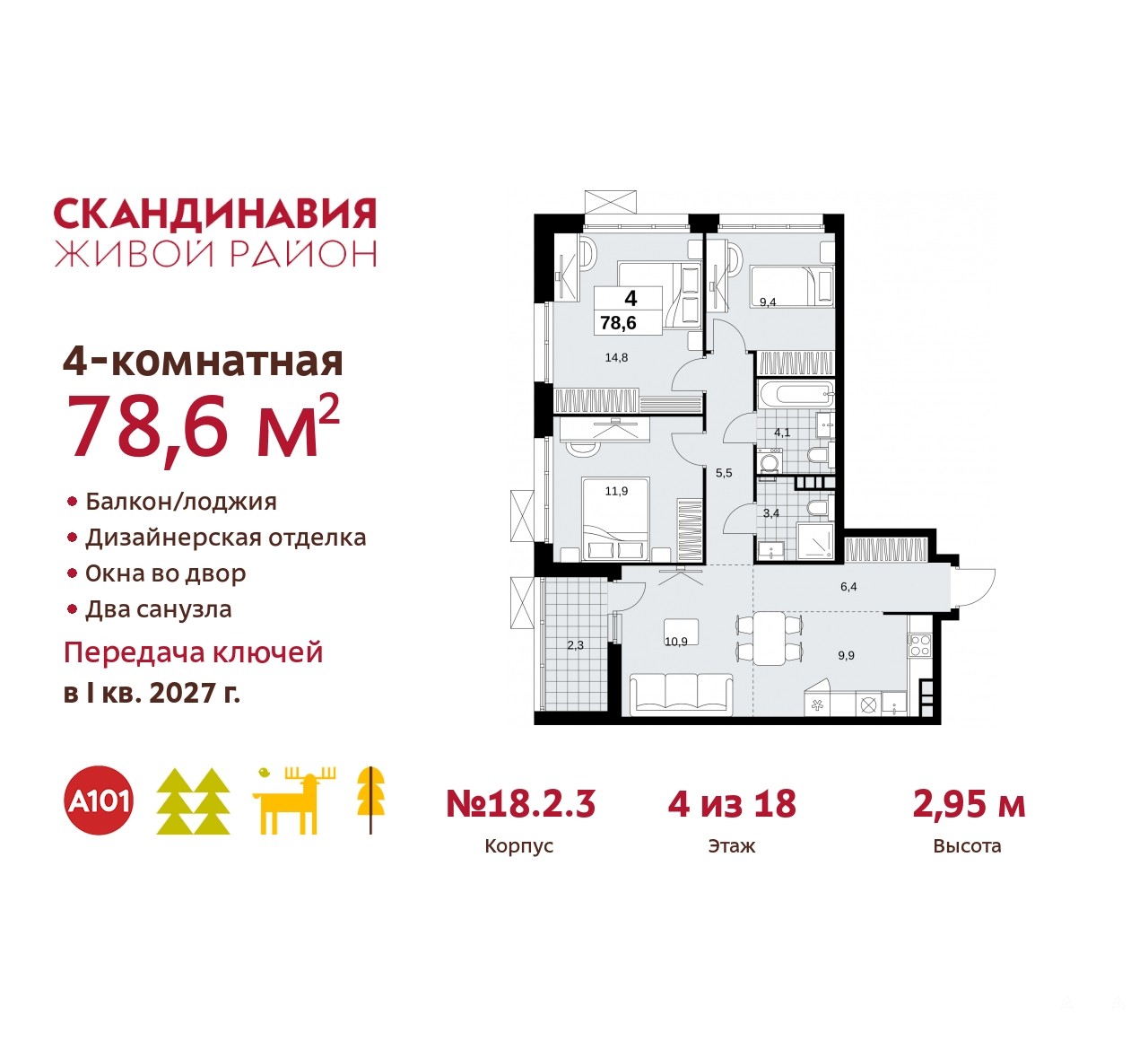 Продаю 4-комнатную квартиру ID 10097409, Сосенское жилой комплекс  Скандинавия, 18.2.3, площадь 79 м2, стоимость 18 373 266 рублей | Akula.com