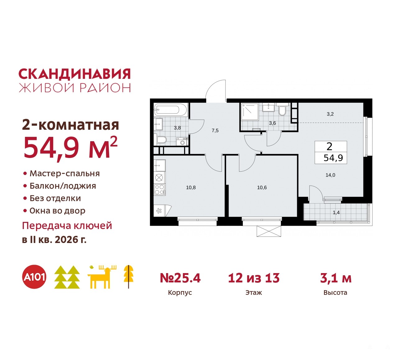 Продаю 2-комнатную квартиру ID 10123522, Сосенское Скандинавский бульвар,  25.4, площадь 55 м2, стоимость 14 357 788 рублей | Akula.com