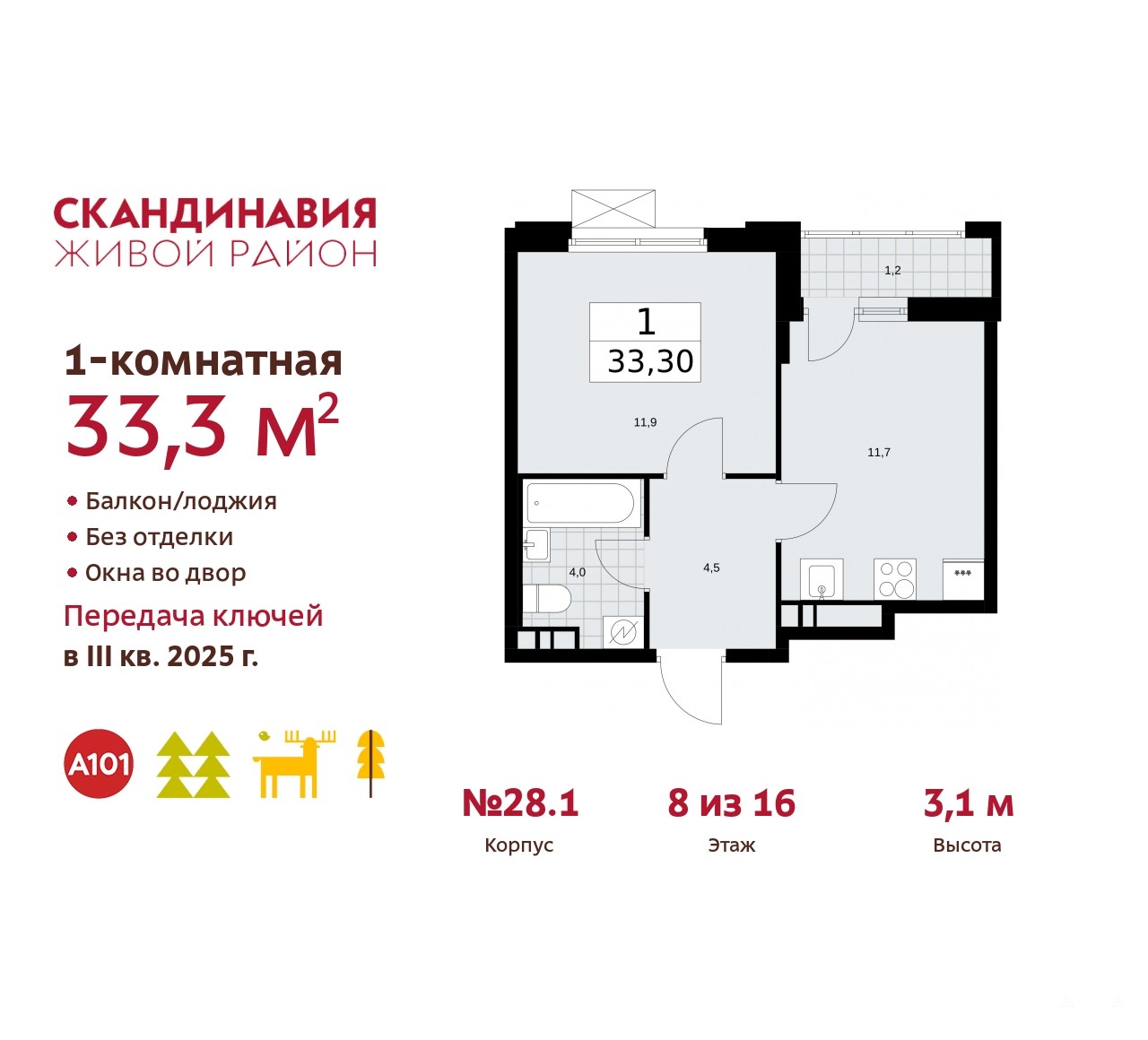 Продаю 1-комнатную квартиру ID 10136066, поселение Сосенское жилой комплекс  Скандинавия, 2.28.1, площадь 33 м2, стоимость 11 212 632 рублей | Akula.com