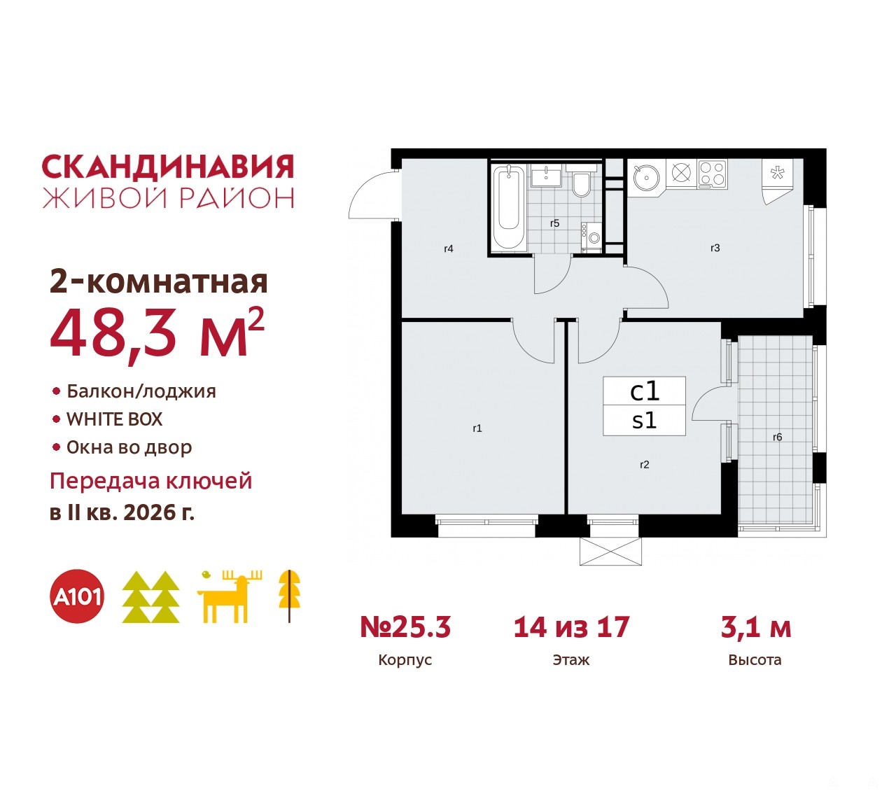 Продаю 2-комнатную квартиру ID 10150401, поселение Сосенское Скандинавский  бульвар, 25.3, площадь 48 м2, стоимость 14 762 486 рублей | Akula.com