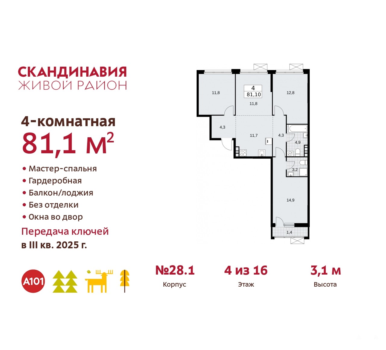 Продаю 4-комнатную квартиру ID 10154509, поселение Сосенское жилой комплекс  Скандинавия, 2.28.1, площадь 81 м2, стоимость 18 857 567 рублей | Akula.com