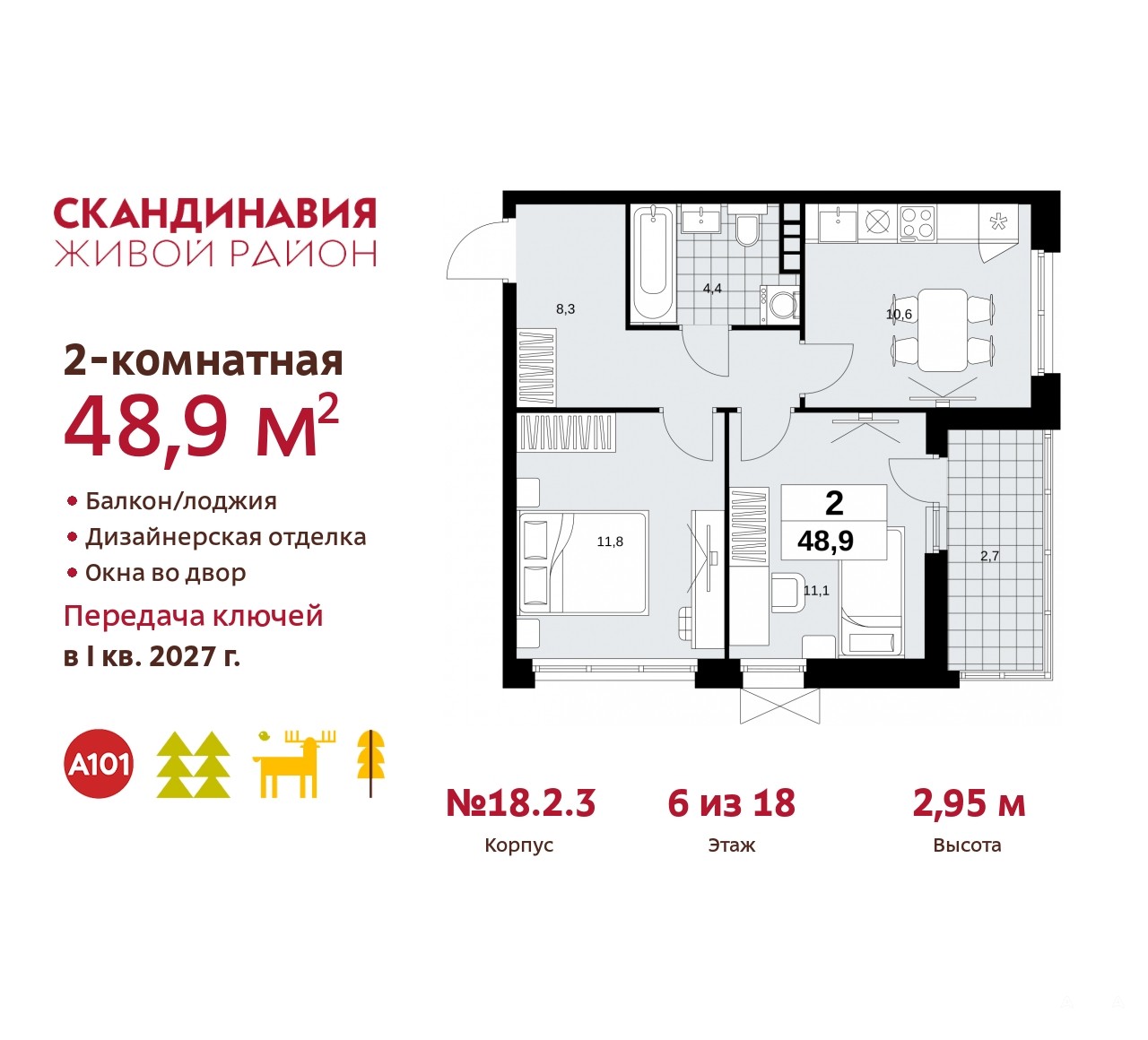 Продаю 2-комнатную квартиру ID 10157574, поселение Сосенское жилой комплекс  Скандинавия, 18.2.3, площадь 49 м2, стоимость 13 548 934 рублей | Akula.com