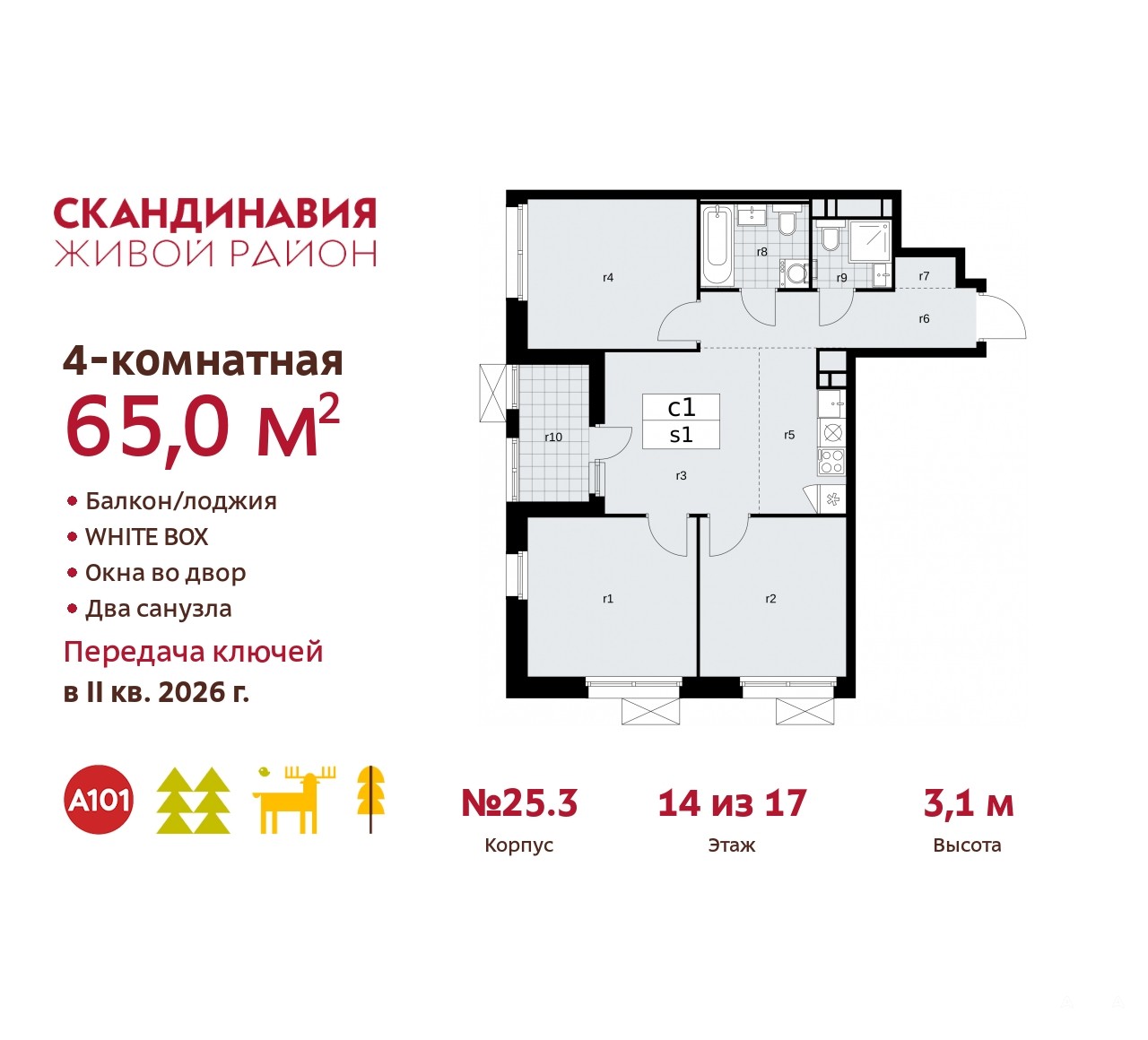 Продаю 4-комнатную квартиру ID 10163718, поселение Сосенское Скандинавский  бульвар, 25.3, площадь 65 м2, стоимость 18 322 366 рублей | Akula.com