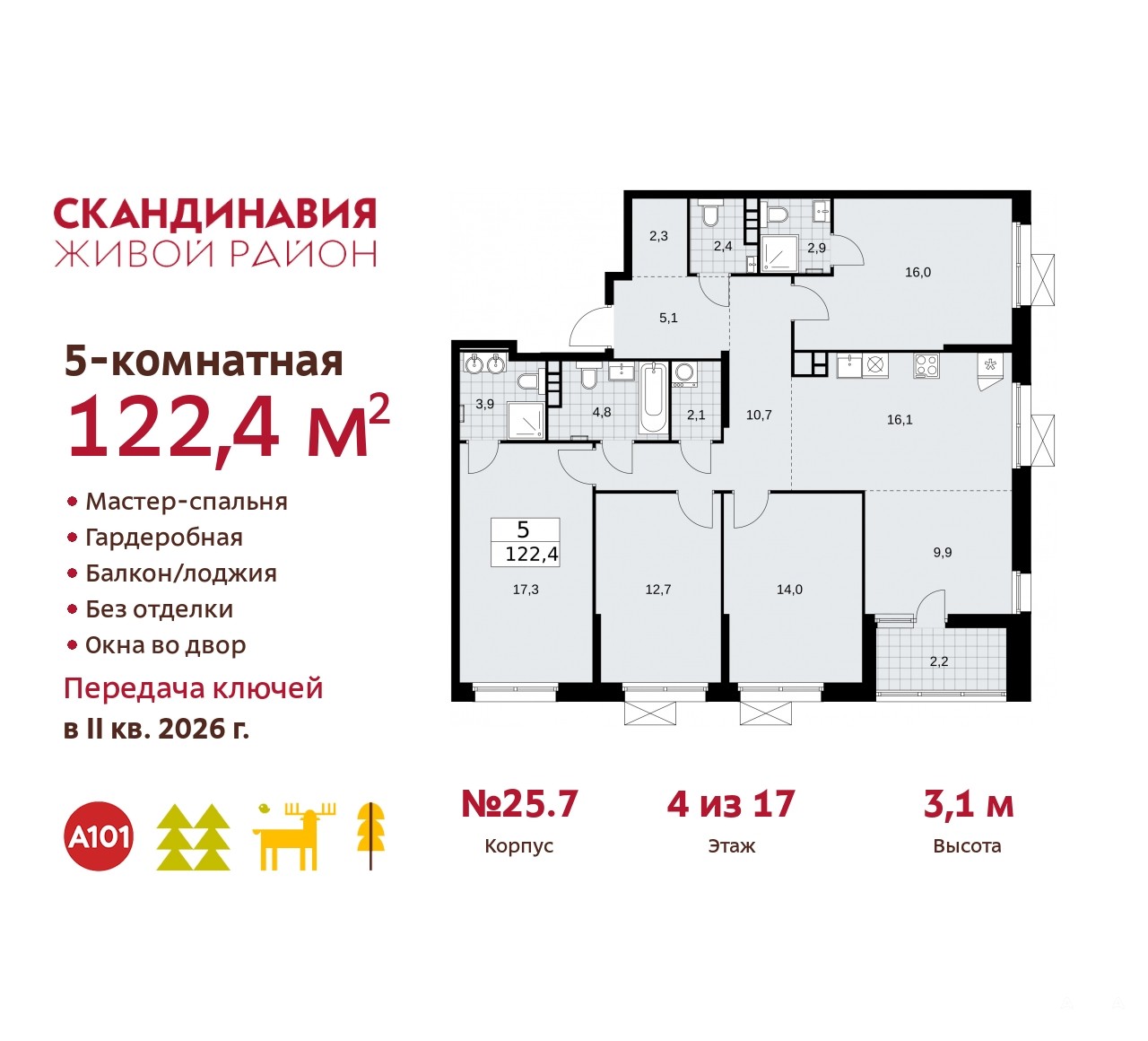 Продаю многокомнатную квартиру ID 10163755, поселение Сосенское Скандинавский  бульвар, 25.7, площадь 122 м2, стоимость 27 565 028 рублей | Akula.com