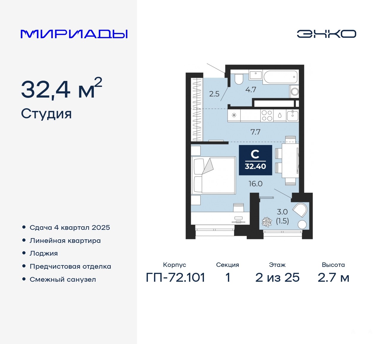 Продам однокомнатную квартиру в новостройке в "Мириады" жилом комплексе в городе